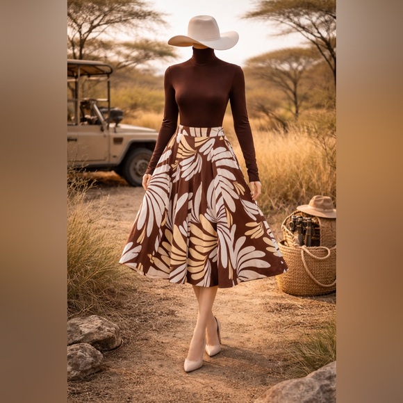 White House Black Market Brown and Cream A-Line Skirt - Picture 6 of 7